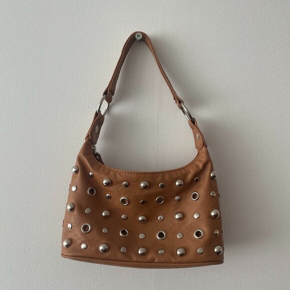 mini tan shoulder bag with silver details - Picture 1 of 3